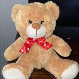 Adorable Tan Teddy Bear with Red Bow